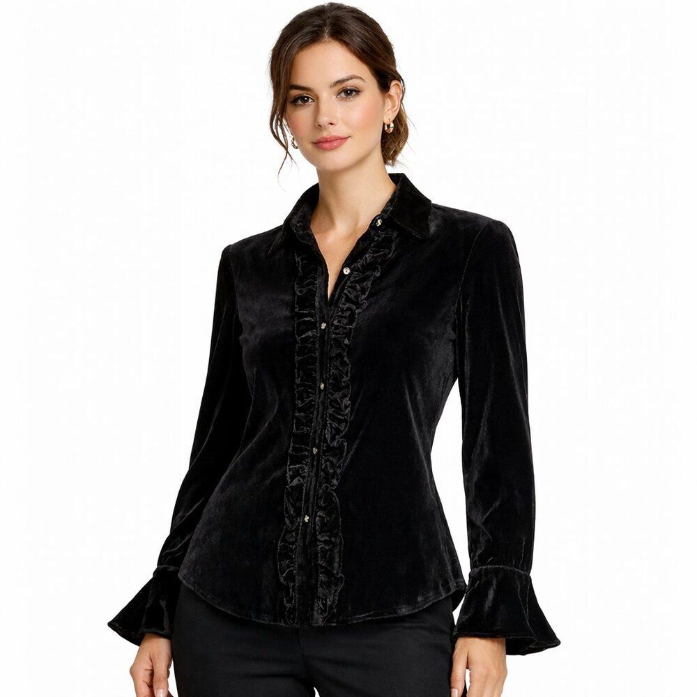 Lauren Ralph Lauren Black Velvet Blouse Ruffle Button Down Quiet Luxury Size S